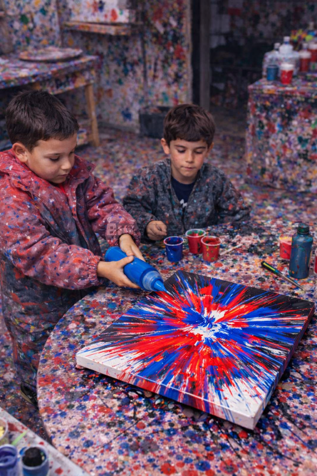 Friends making spin art together